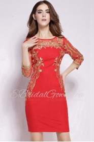 Tulle Sheath / Column Knee-length 3/4 Length Sleeve Scoop Embroidery Mother of the Bride Dress
