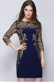 Tulle Sheath / Column Knee-length 3/4 Length Sleeve Scoop Embroidery Mother of the Bride Dress