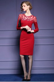 Lace Sheath / Column Knee-length Long Sleeve Scoop Lace Mother of the Bride Dress