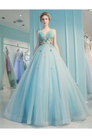 Ball Gown V-neck Tulle Prom / Formal Evening / Quinceanera / Sweet 18 Dress with Flower(s)