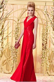 V-neck Floor-length Sleeveless Satin,Lace Formal Prom / Evening Dress