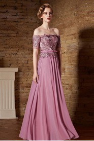 Off-the-shoulder Floor-length Short Sleeve Tulle Formal Prom / Evening Dress