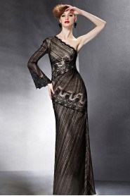 One Shoulder Floor-length Long Sleeve Lace,Satin Formal Prom / Evening Dress