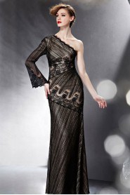 One Shoulder Floor-length Long Sleeve Lace,Satin Formal Prom / Evening Dress