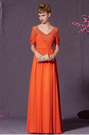 V-neck Floor-length Short Sleeve Satin Formal Prom / Evening Dress