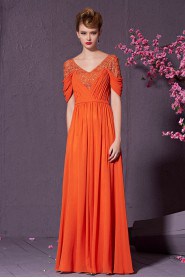 V-neck Floor-length Short Sleeve Satin Formal Prom / Evening Dress