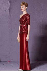 One Shoulder Floor-length Short Sleeve Satin Formal Prom / Evening Dress