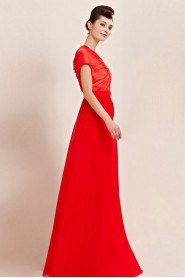 Asymmetrical Floor-length Short Sleeve Chiffon,Satin Formal Prom / Evening Dress