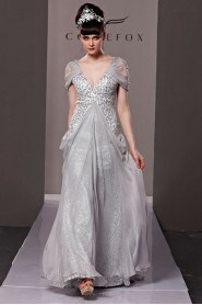 V-neck Floor-length Short Sleeve Tulle Formal Prom / Evening Dress
