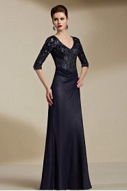 V-neck Floor-length Half Sleeve Tulle Formal Prom / Evening Dress