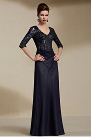 V-neck Floor-length Half Sleeve Tulle Formal Prom / Evening Dress