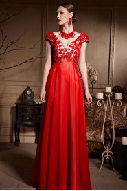 V-neck Floor-length Short Sleeve Lace,Satin Formal Prom / Evening Dress
