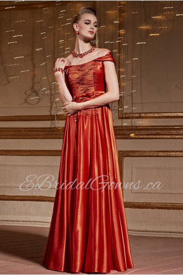 Off-the-shoulder Floor-length Sleeveless Satin Formal Prom / Evening Dress