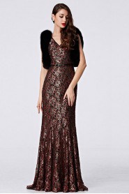 V-neck Floor-length Sleeveless Satin,Sequins Formal Prom / Evening Dress