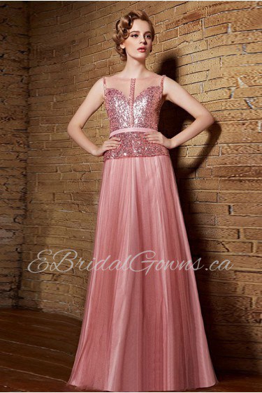 Bateau Floor-length Sleeveless Tulle Formal Prom / Evening Dress
