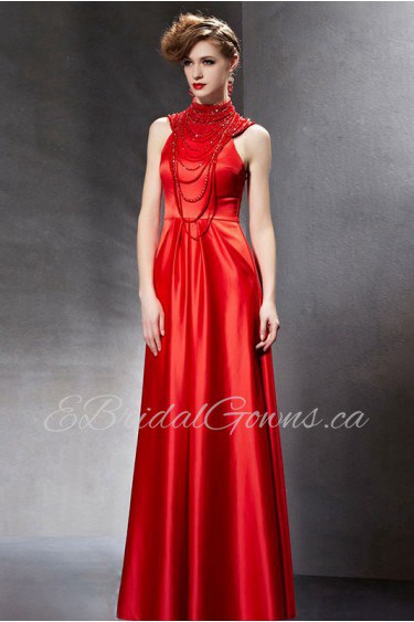 High Neck Floor-length Sleeveless Satin Formal Prom / Evening Dress
