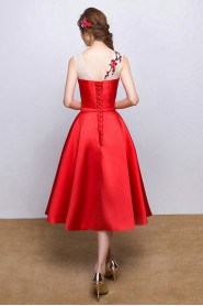 A-line Scoop Tea-length Prom / Evening Dress with Embroidery