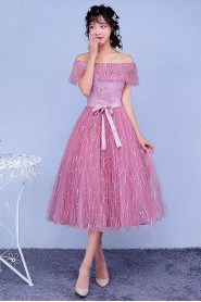 Ball Gown Off-the-shoulder Tea-length Prom / Evening Dress with Flower(s)