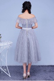 Ball Gown Off-the-shoulder Tea-length Prom / Evening Dress with Flower(s)