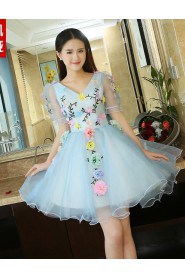 A-line V-neck Short / Mini Prom / Evening Dress with Flower(s)