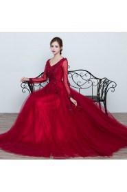 A-line V-neck Prom / Evening Dress with Flower(s)