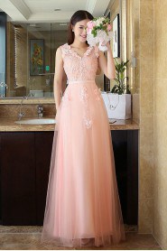 A-line V-neck Ankle-length Prom / Evening Dress with Flower(s)