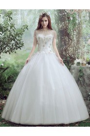 Ball Gown Jewel Short Sleeve Wedding Dress with Pearl