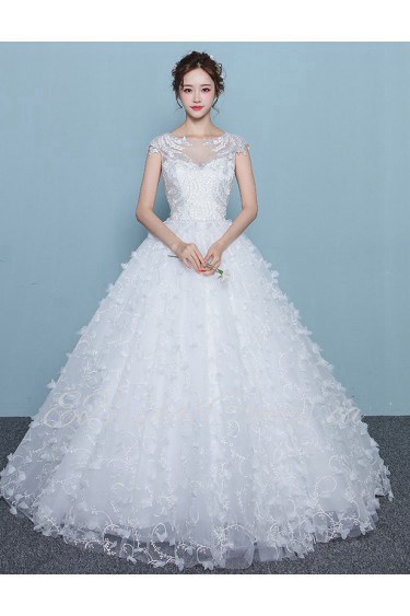Ball Gown Scoop Cap Sleeve Wedding Dress with Flower(s)
