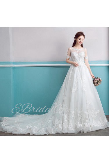 A-line Scoop Short Sleeve Wedding Dress with Flower(s)