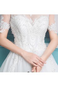 A-line Scoop Short Sleeve Wedding Dress with Flower(s)