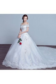 Ball Gown Off-the-shoulder Short Sleeve Wedding Dress with Crystal