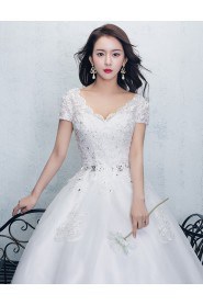 Ball Gown V-neck Short Sleeve Wedding Dress with Flower(s)