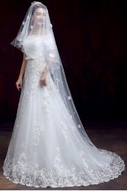 A-line Off-the-shoulder Short Sleeve Wedding Dress with Flower(s)
