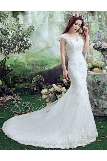 Trumpet / Mermaid V-neck Cap Sleeve Wedding Dress with Crystal