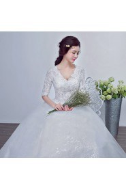 Ball Gown V-neck Half Sleeve Wedding Dress with Flower(s)