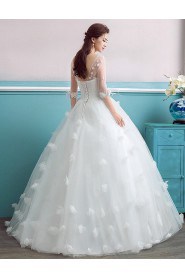 Ball Gown V-neck 3/4 Length Sleeve Wedding Dress with Flower(s)
