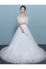 A-line Off-the-shoulder Half Sleeve Wedding Dress with Flower(s)