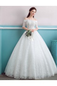 Ball Gown Off-the-shoulder Short Sleeve Wedding Dress with Flower(s)