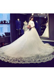 Ball Gown Off-the-shoulder 3/4 Length Sleeve Wedding Dress with Flower(s)