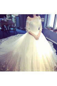 Ball Gown Off-the-shoulder 3/4 Length Sleeve Wedding Dress with Flower(s)