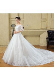 A-line Off-the-shoulder Half Sleeve Wedding Dress with Flower(s)