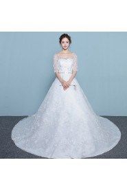 A-line Scoop Half Sleeve Wedding Dress with Flower(s)