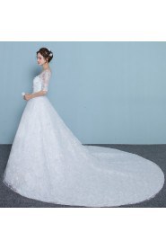 A-line Scoop Half Sleeve Wedding Dress with Flower(s)