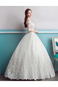 Ball Gown Off-the-shoulder Half Sleeve Wedding Dress with Pearl