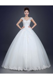 Ball Gown V-neck Cap Sleeve Wedding Dress with Embroidery