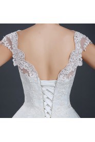 Ball Gown V-neck Cap Sleeve Wedding Dress with Embroidery