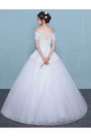 Ball Gown Off-the-shoulder Short Sleeve Wedding Dress with Flower(s)