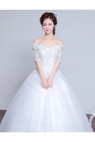 Ball Gown Off-the-shoulder Half Sleeve Wedding Dress with Crystal