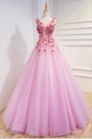 Ball Gown V-neck Tulle,Satin Quinceanera Dress