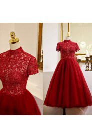 A-line High Neck Lace Tea-length Prom / Evening Dress